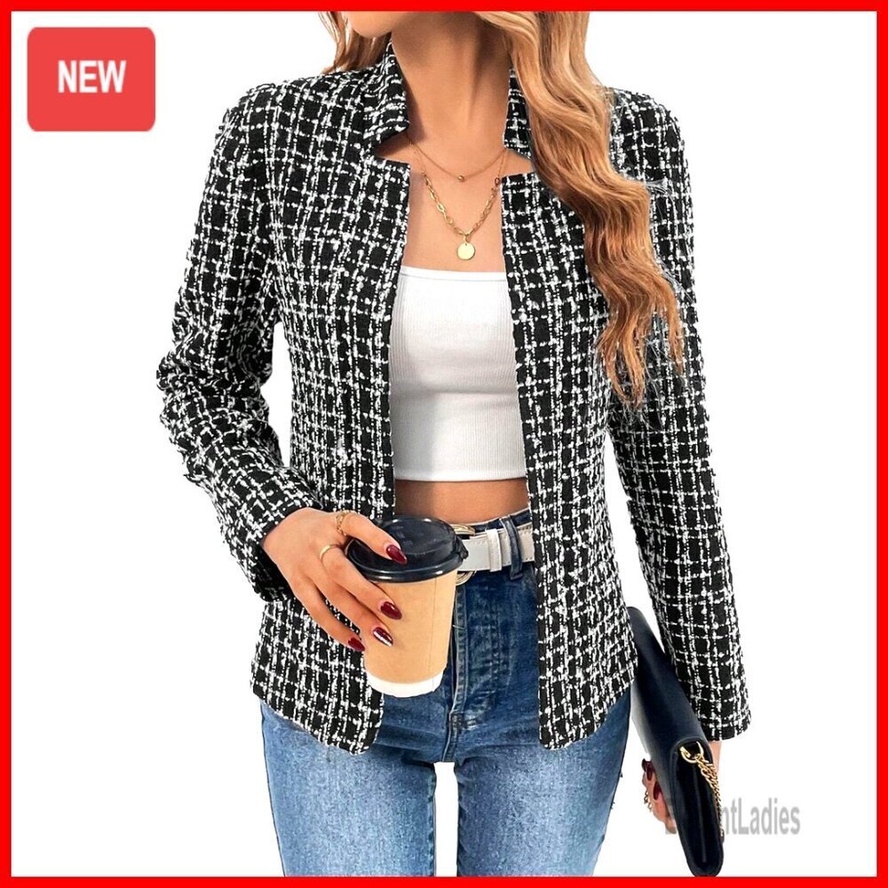 Tweed Plaid Blazer Jacket Fully Lined Open Front Casual Work Office Coat
